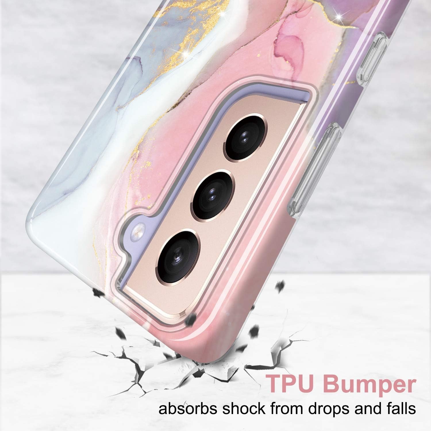 Galaxy S21 Case Gold Sparkle Glitter Marble Slim Shockproof TPU Soft Rubber Silicone Cover Phone Case for Samsung Galaxy S21 5G 6.2 Inch 2021 Pink Purple
